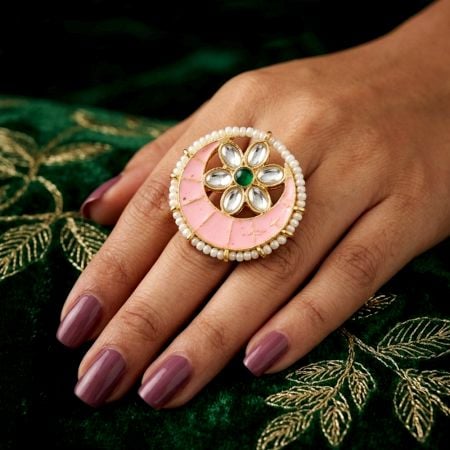 Handcrafted Pink Moon Kundan Statement Ring for Women